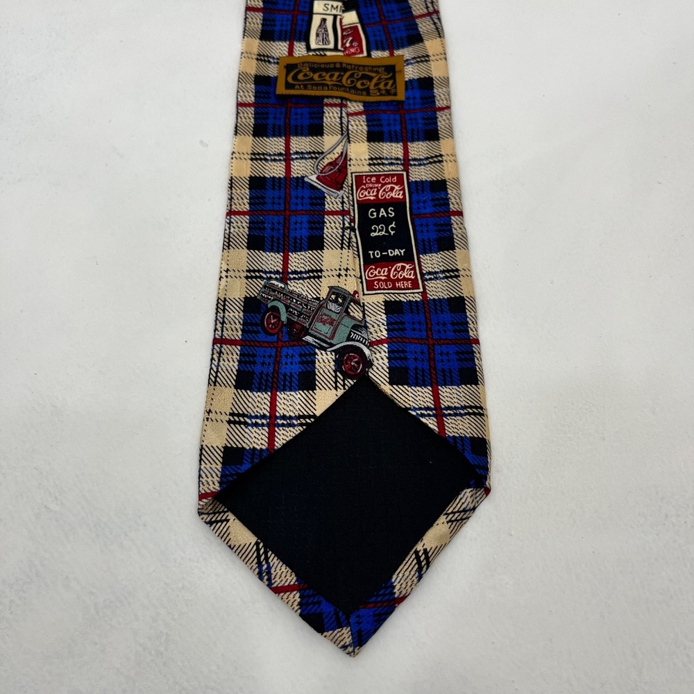Vintage Coca-Cola Silk Tie Beige Blue Plaid 56.5" x 3.75" Stylish Classic - Picture 4 of 8